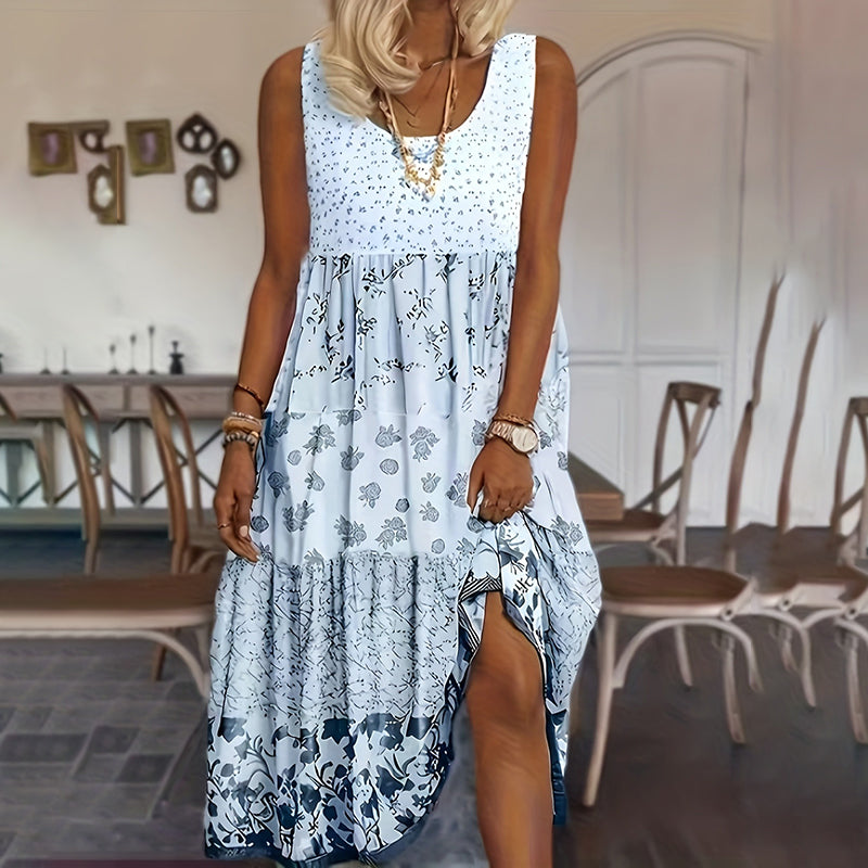 Women's Bohemian Floral Sleeveless Midi Dress Round Neck A-Line Summer Dress For Casual Or Dressy Occasions