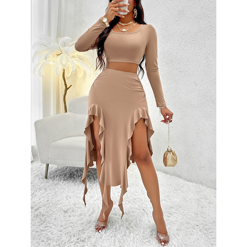 Women Summer 2 Piece Skirt Sets Long Sleeve Square Neck Crop Top Ruffle Trim Irregular Split Sexy Club Party Skirt Outfits