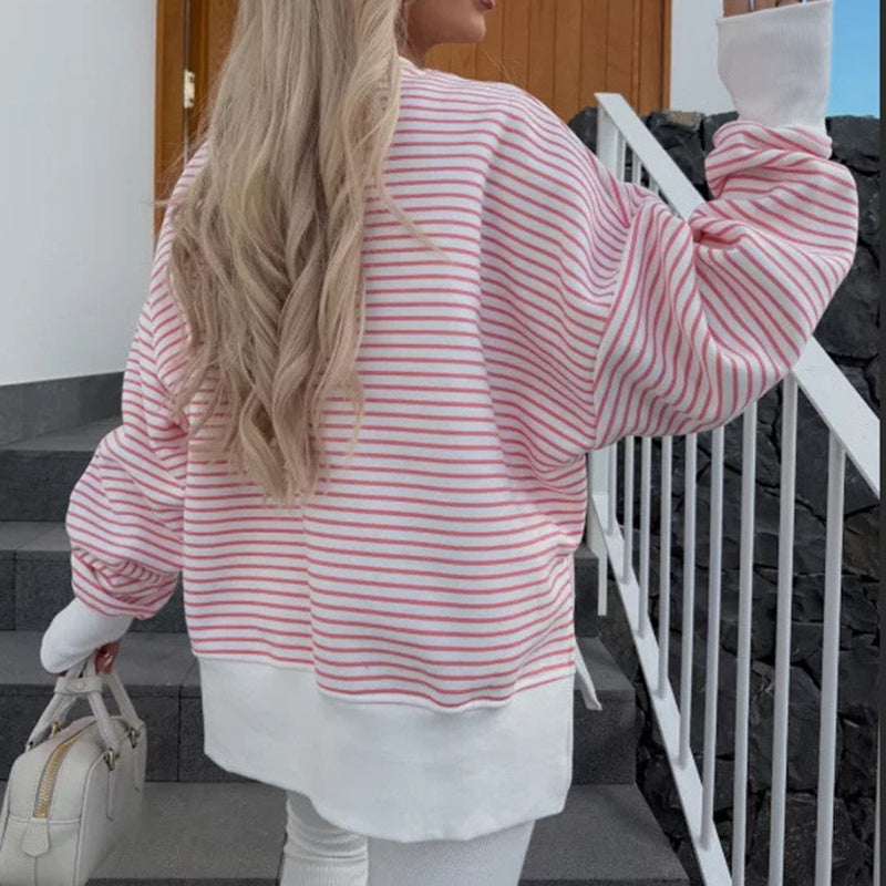Women's Striped Sweatshirt Size Slit Long Sleeve Shirts For Women Crewneck Hoodies Casual Pullover Top