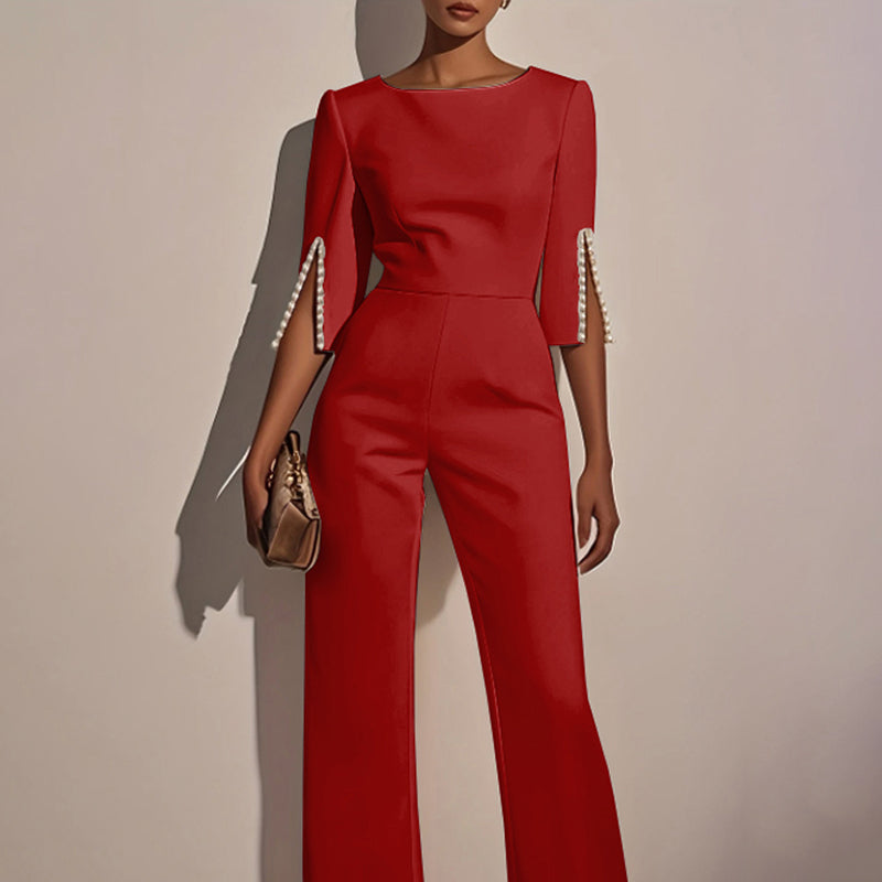 Women's Elegant Round Neck Jumpsuit - Mid-Sleeve With Side Slit Cuffs & Pearl Accents, Back Zipper Design For Casual To Formal Events