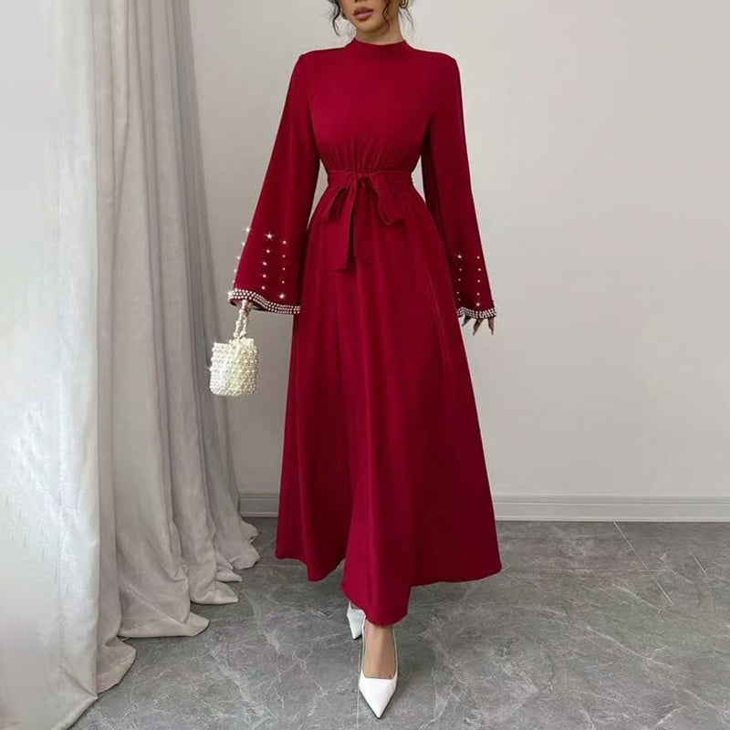 Women's Elegant Long Sleeve Maxi Dress - Sparkling Embellished High Neck Formal Gown With Waist Belt, Flowy Evening Dress For Vacation & Special Occasions