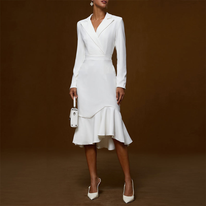 Women's Solid Color Notch Lapel Mermaid Dress Bodycon Office Dress With Asymmetrical Hem For Formal Events