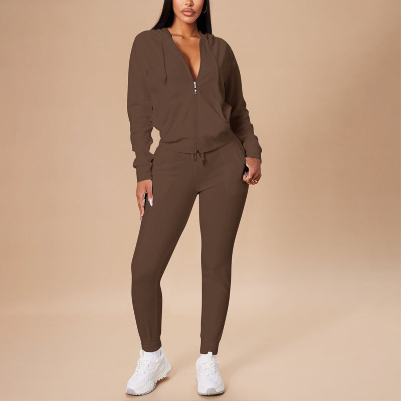Women's Solid Color 2-Piece Set Zip Pocket Drawstring Hooded Crop Top & Slim Fit Pocket Pants - Ribbed Detail Casual Outfit
