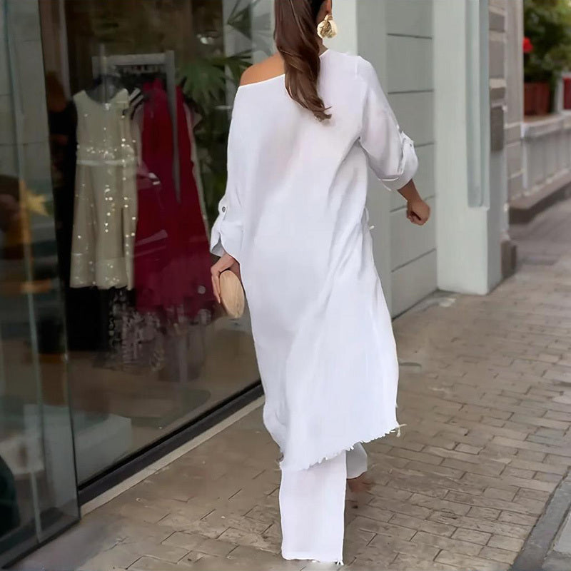 Women's Solid Color Wood Button Asymmetrical Set - Off-Shoulder Relaxed Loungewear Outfits For Spring&Summer