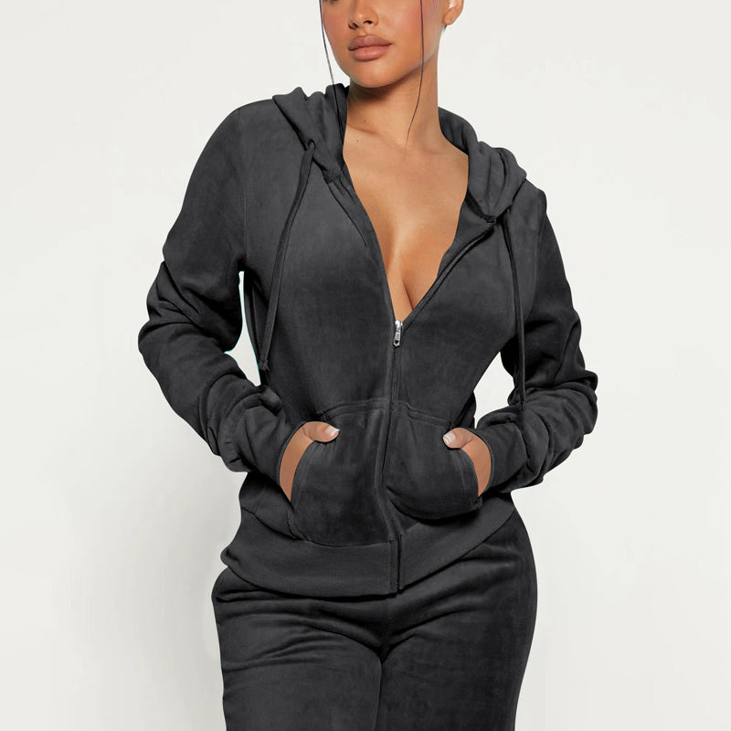 Women's Solid Color 2-Piece Set Zip Pocket Drawstring Hooded Crop Top & Slim Fit Pocket Pants - Ribbed Detail Casual Outfit