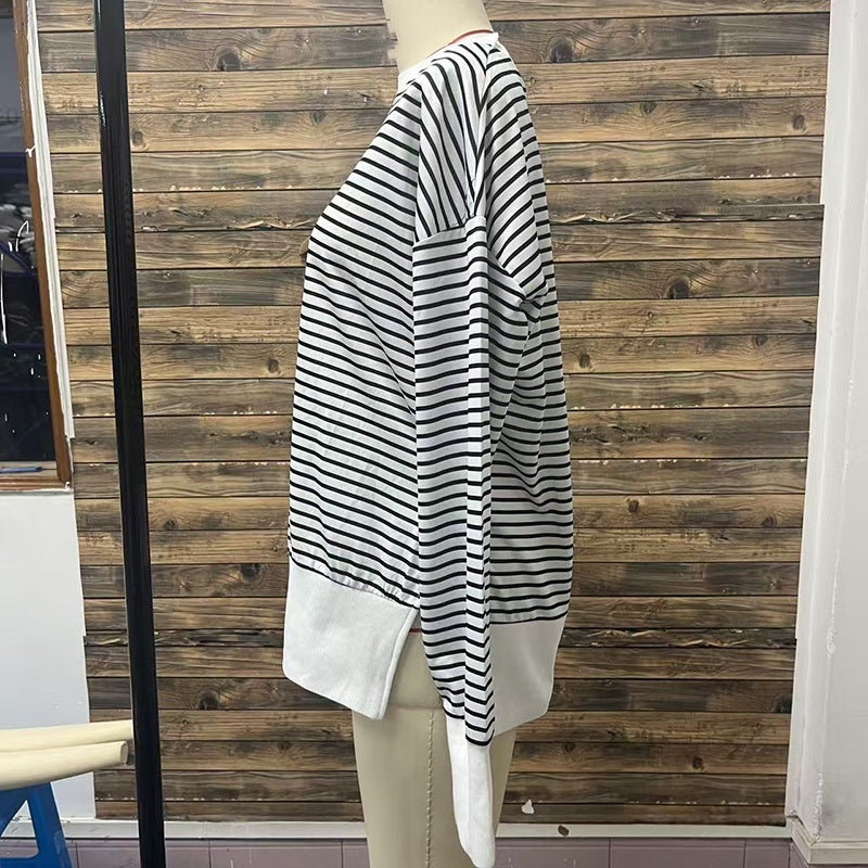 Women's Striped Sweatshirt Size Slit Long Sleeve Shirts For Women Crewneck Hoodies Casual Pullover Top