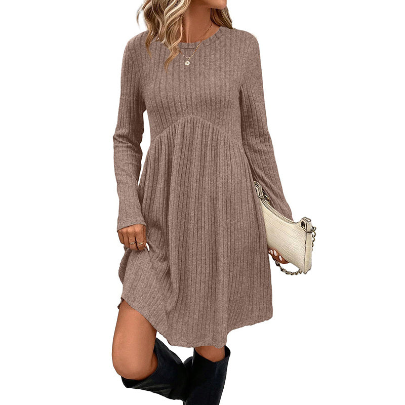Women's Solid Color Long Sleeve Knit Dress Round Neck Pocket Shift Dress For Spring & Fall