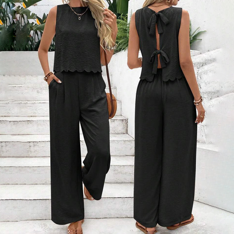 Women's Elegant 2-Piece Matching Set, Sleeveless Crop Top And Wide Leg Pants Outfits