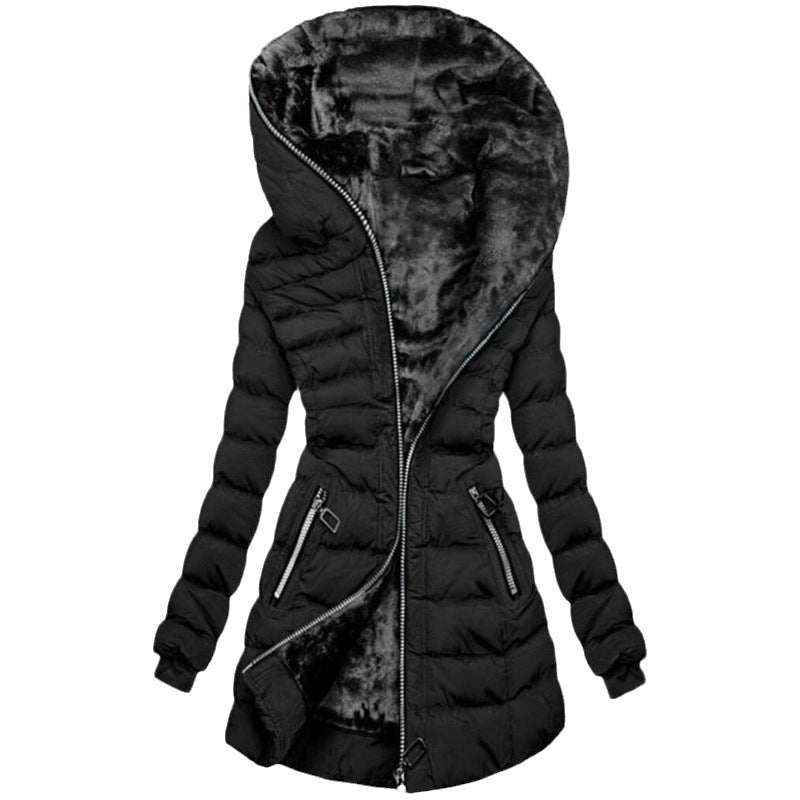 Hooded Warm Fleece Padded Jacket Mid-length Jacket Black Padded Jacket