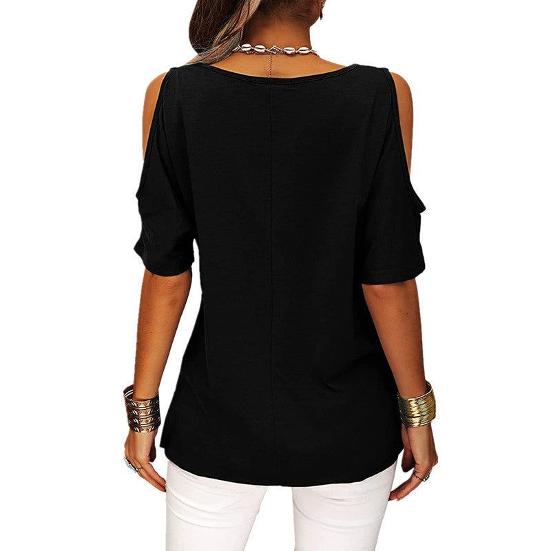 Womens Summer Trendy Shirts V Neck Cold Shoulder Tops Solid Color Casual Loose Sexy Blouse