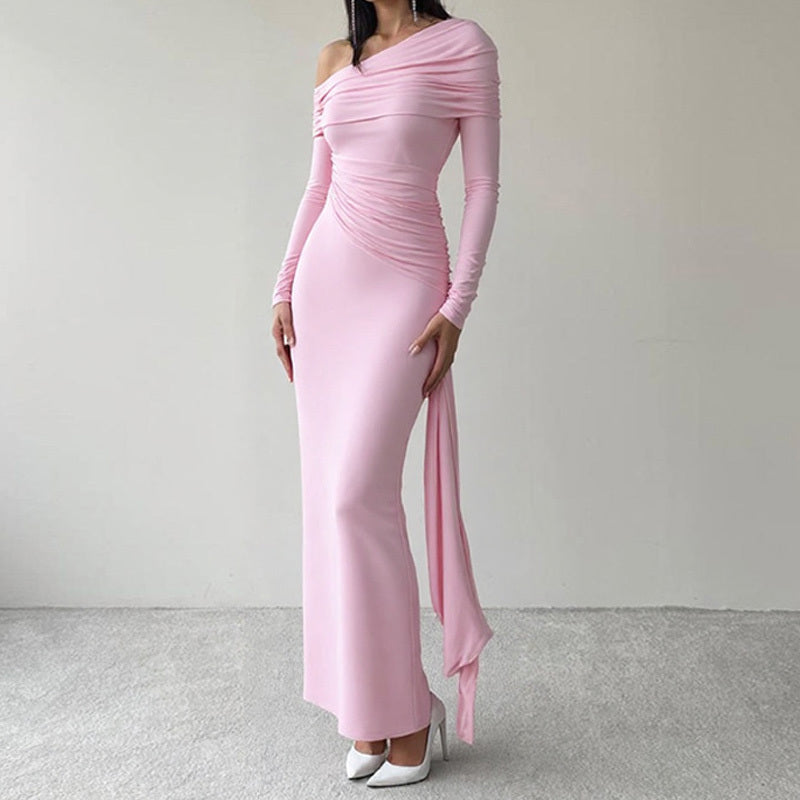 Women's Elegant One-Shoulder Ruffle Dress, Long Sleeve Bodycon Gown With Flowing Ribbon For Spring And Fall
