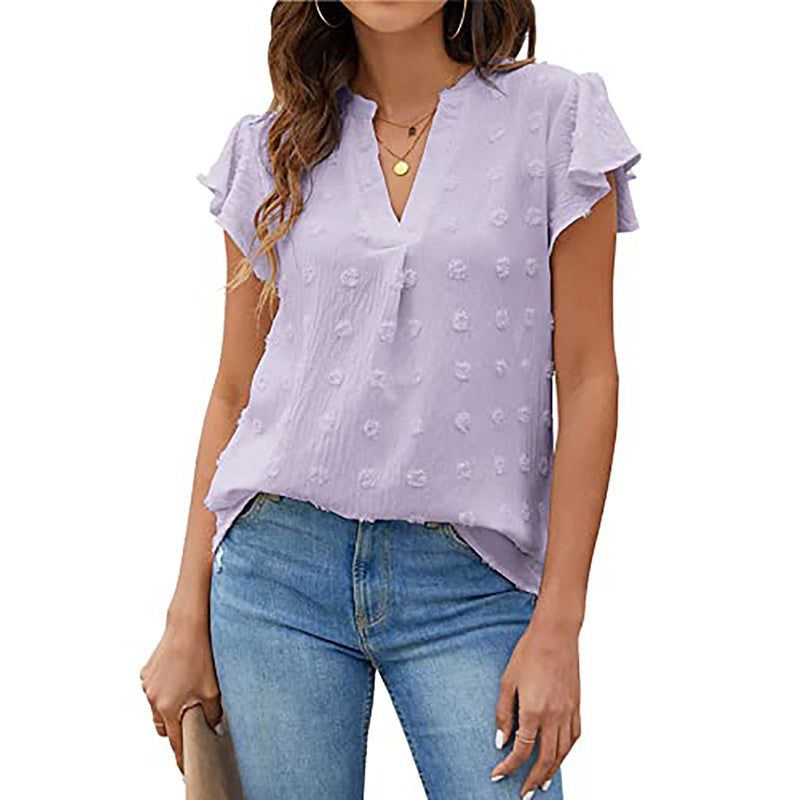 Women's Summer V Neck Ruffle Short Sleeve Blouse Business Office Casual Top Shirts