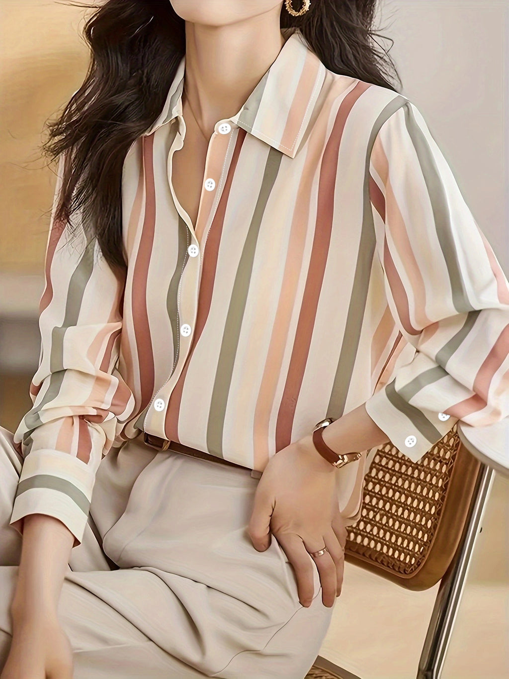Ladies' Long-sleeved Striped Printed Versatile Casual Shirt