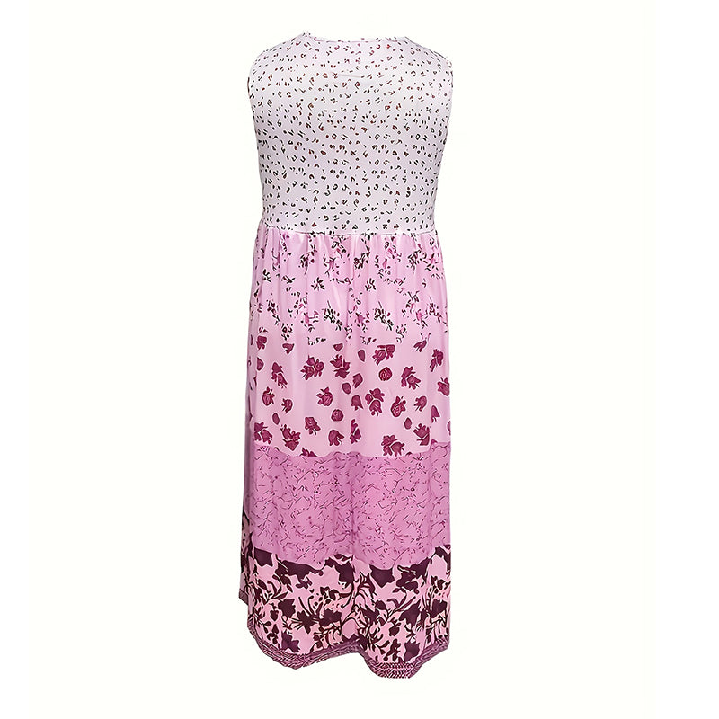 Women's Bohemian Floral Sleeveless Midi Dress Round Neck A-Line Summer Dress For Casual Or Dressy Occasions