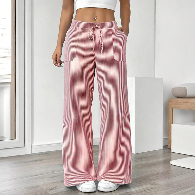 Women's Striped Print Straight Wide Leg Pants Drawstring Waist Slant Pockets Pants Casual Long Pants