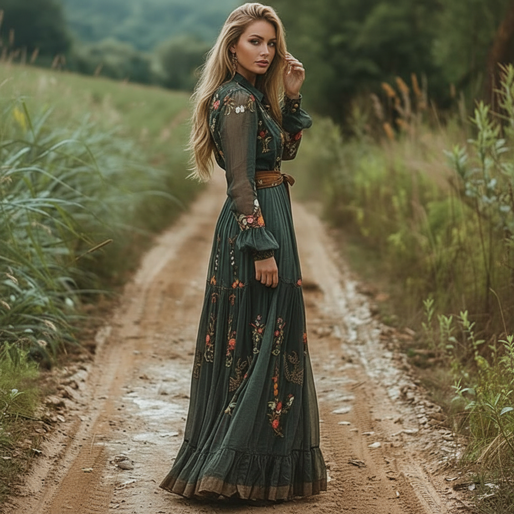 Fashion Fall Maxi Dress For Women Bohemian Retro Floral Print Sheer Sleeve Long Flowy Shirt Dress, Belt Not Included