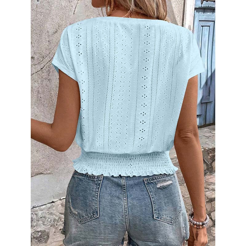Women Summer Eyelet Top Casual V Neck Short Sleeve Smocked Shirts Loose Tunic Tops Blouses
