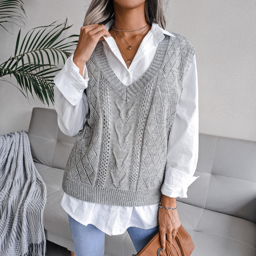 Hollowed-out Twisted V-neck Knitted Vest Sweater For Women