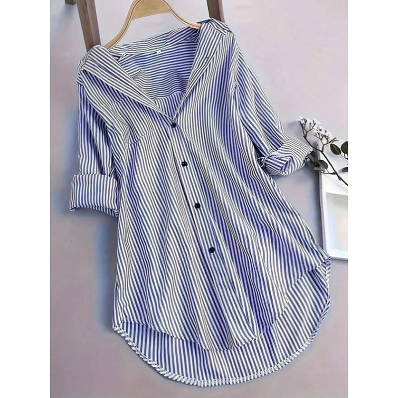Women Oversized Button Down Striped Shirts Casual Long Sleeve Boyfriend Blouse Top
