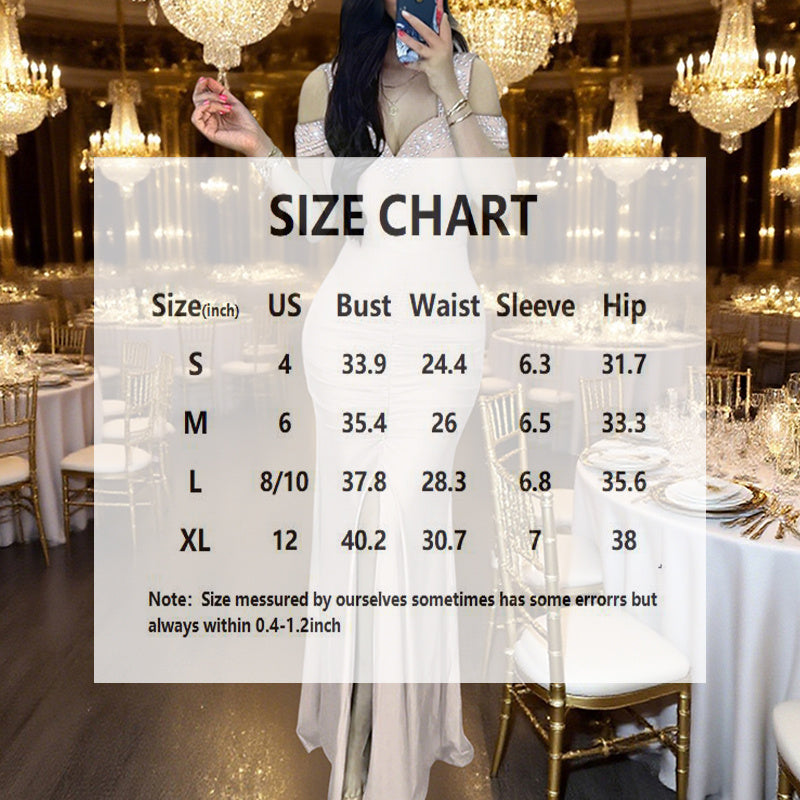 Women's Elegant V-Neck Off-Shoulder Bodycon Dress With High Waist & Thigh Slit - Sparkly Sequin Evening Gown