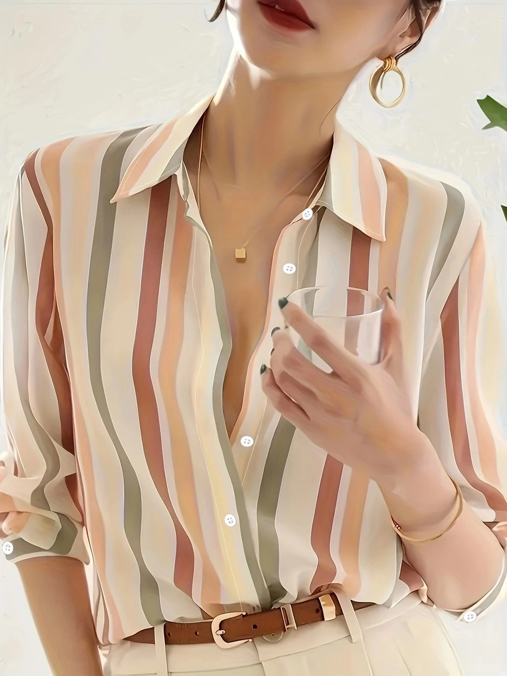 Ladies' Long-sleeved Striped Printed Versatile Casual Shirt
