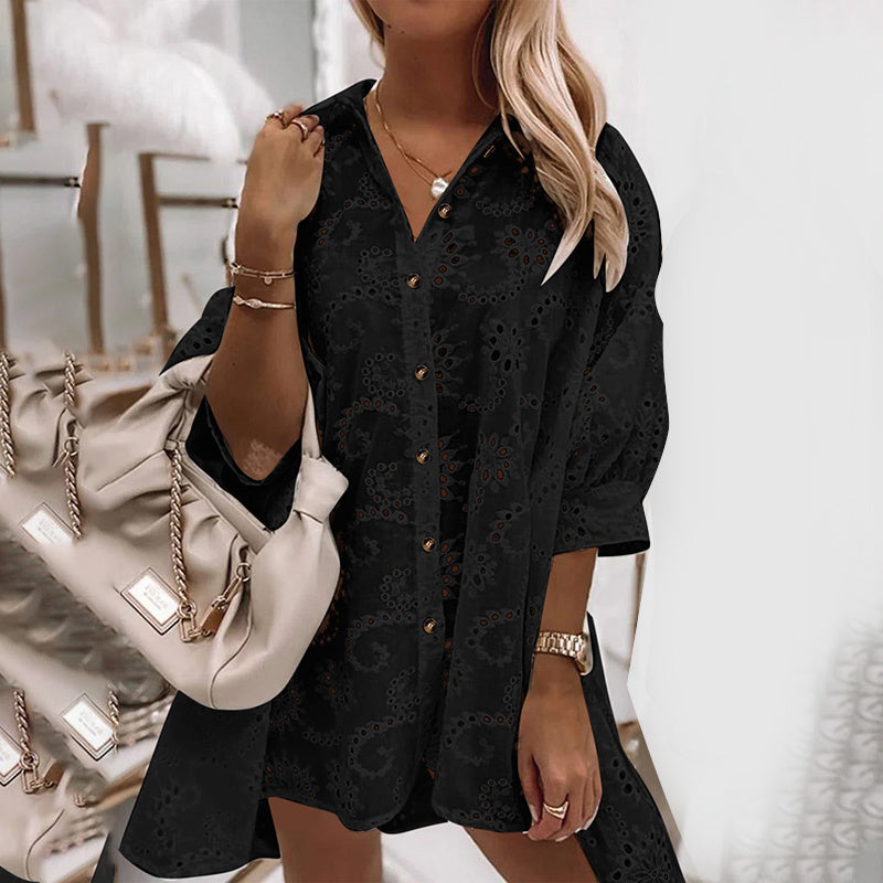 Women's Floral Eyelet Embroidery Collared Half Sleeve Blouses Button Down Casual Shirts