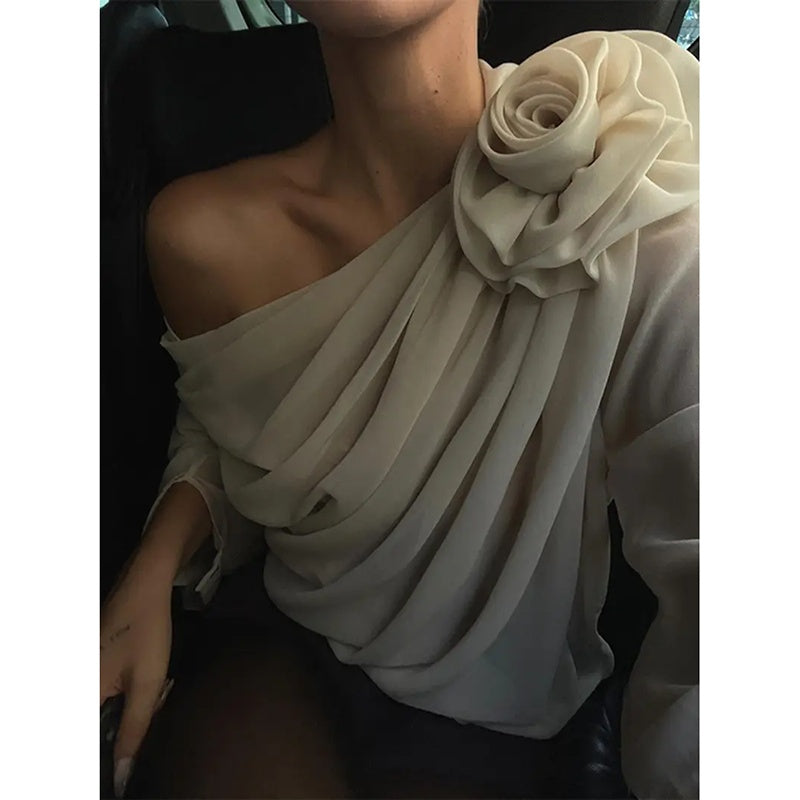 Women's Off Shoulder Tops Elegant Long Sleeve Asymmetrical Neck Ruched Chiffon Blouse Shirts Going Out Top Y2k Shirts