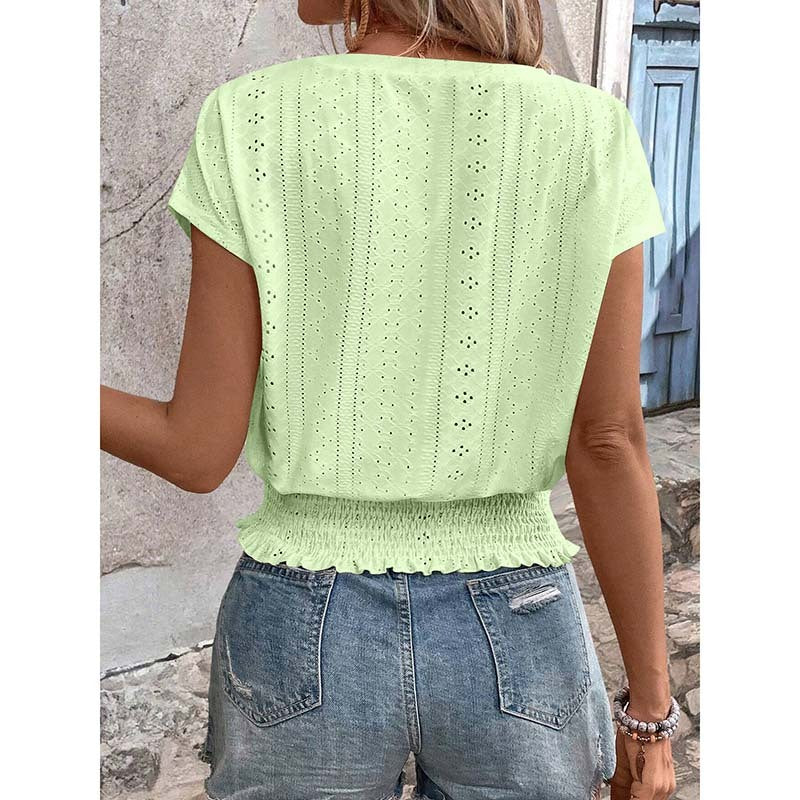Women Summer Eyelet Top Casual V Neck Short Sleeve Smocked Shirts Loose Tunic Tops Blouses
