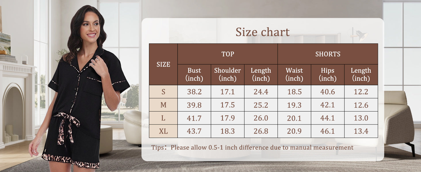 RONGTAI Summer Pajamas For Women Set Short Sleeve Button Down Leopard Pjs Lounge Sets Soft Sleepwear