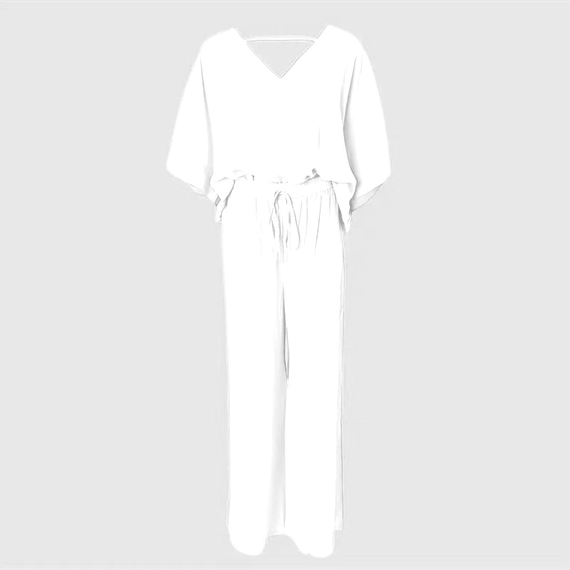 Women's 2 Piece Outfit, Casual Solid Color V-Neck Half Sleeve Top And Wide Leg Pants Lounge Set