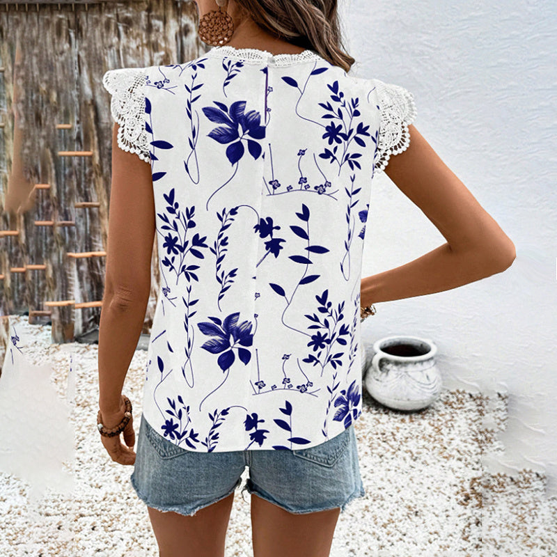 Women's Summer Geometric Leaf Print Tops Lace Cap Sleeve Crew Neck Shirts Blouse