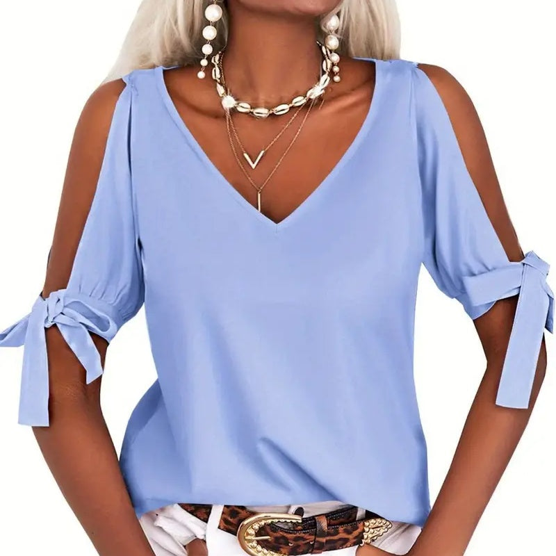 Womens Summer Cold Shoulder Tops Short Sleeve Tie Knot V Neck T Shirts Blouses
