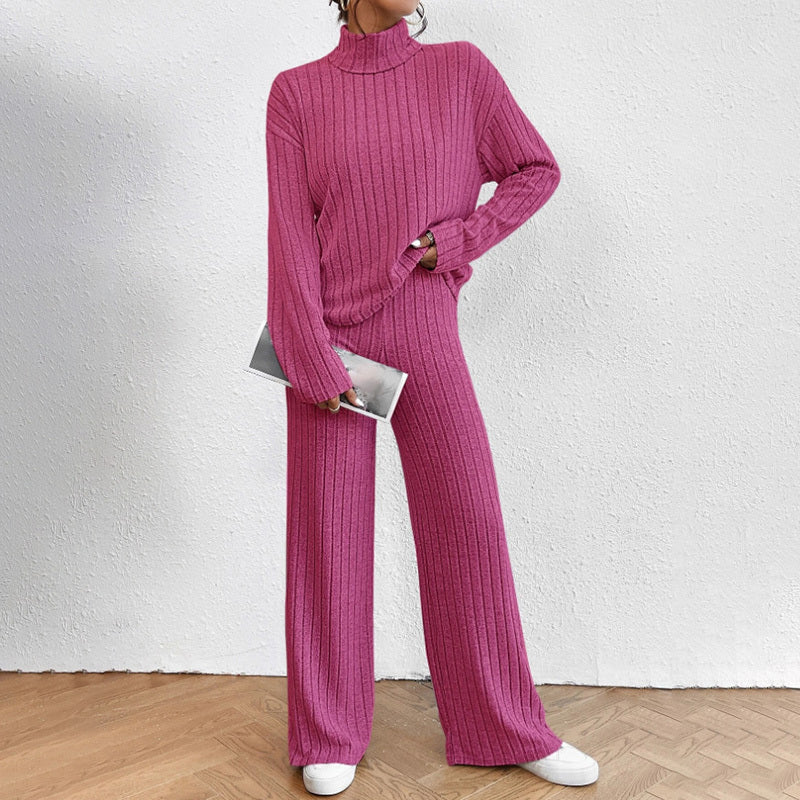 Women's Solid Color 2-Piece Set High Neck Long Sleeve Top & Pants, Striped Loungewear For Fall&Winter