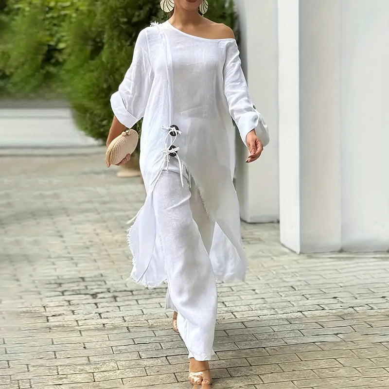 Women's Solid Color Wood Button Asymmetrical Set - Off-Shoulder Relaxed Loungewear Outfits For Spring&Summer