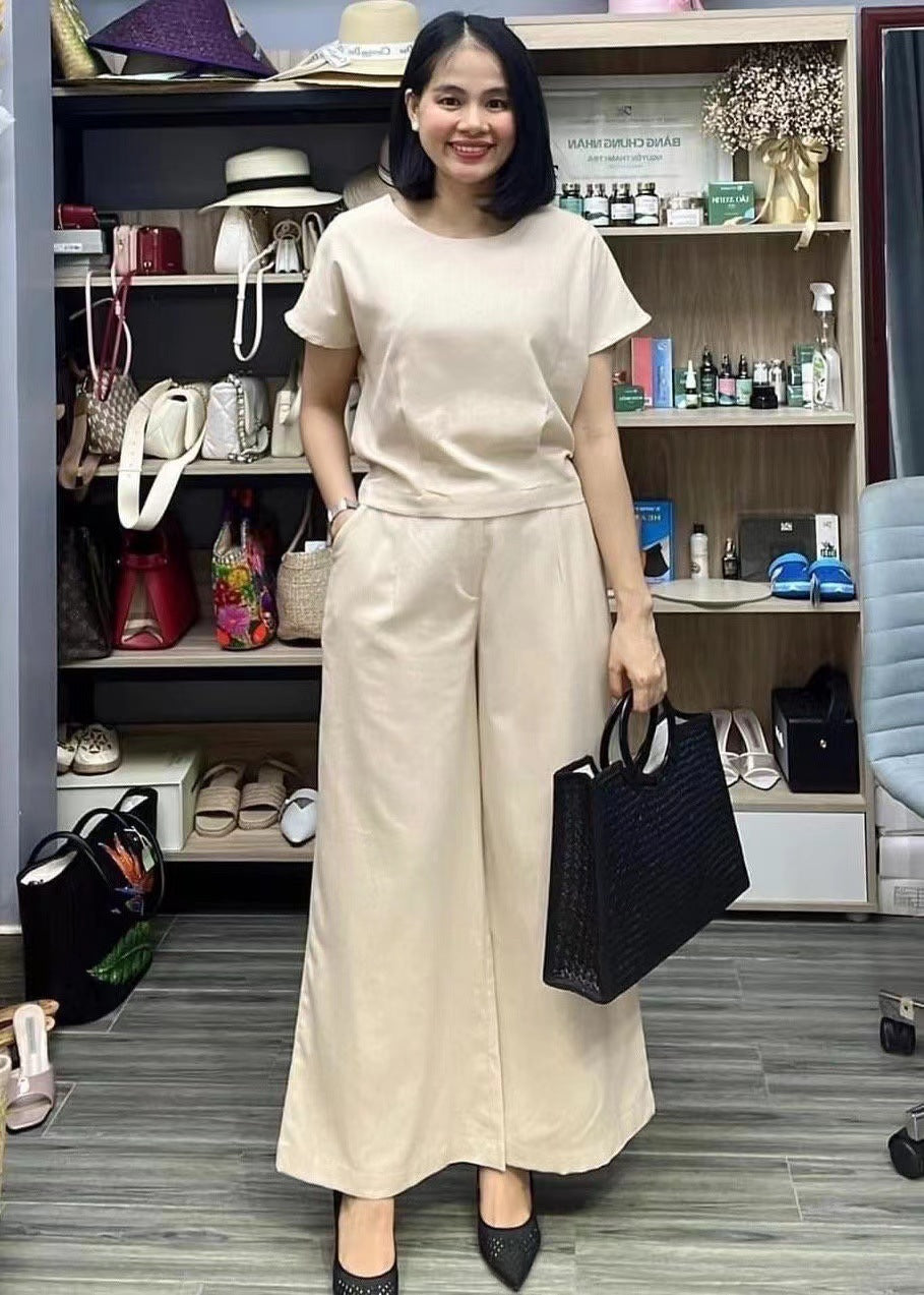 European And American Women's Linen Casual Loose Solid Color Suit Two-piece Women