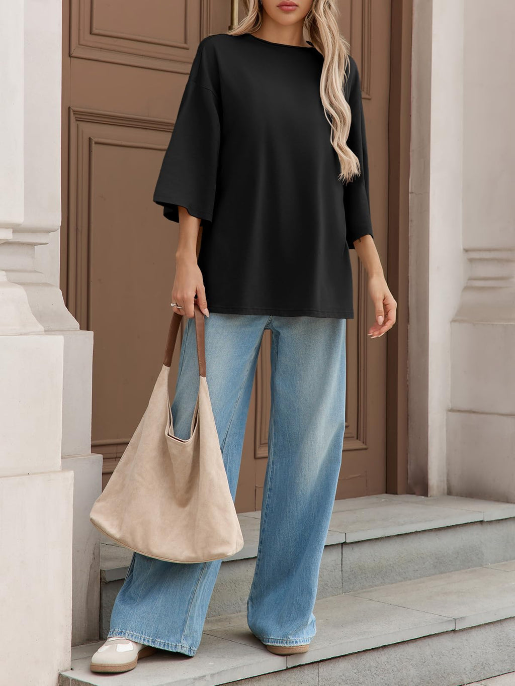 Fisoew Womens Oversized T Shirts Casual Sleeve Side Slit Workout Gym Loose Fit Summer Tee Tunic Tops