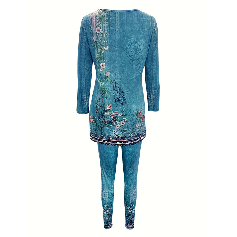 Women's Round Neck Printed Slit Long Sleeve Top & Long Pants Set - Casual Loungewear Outfit