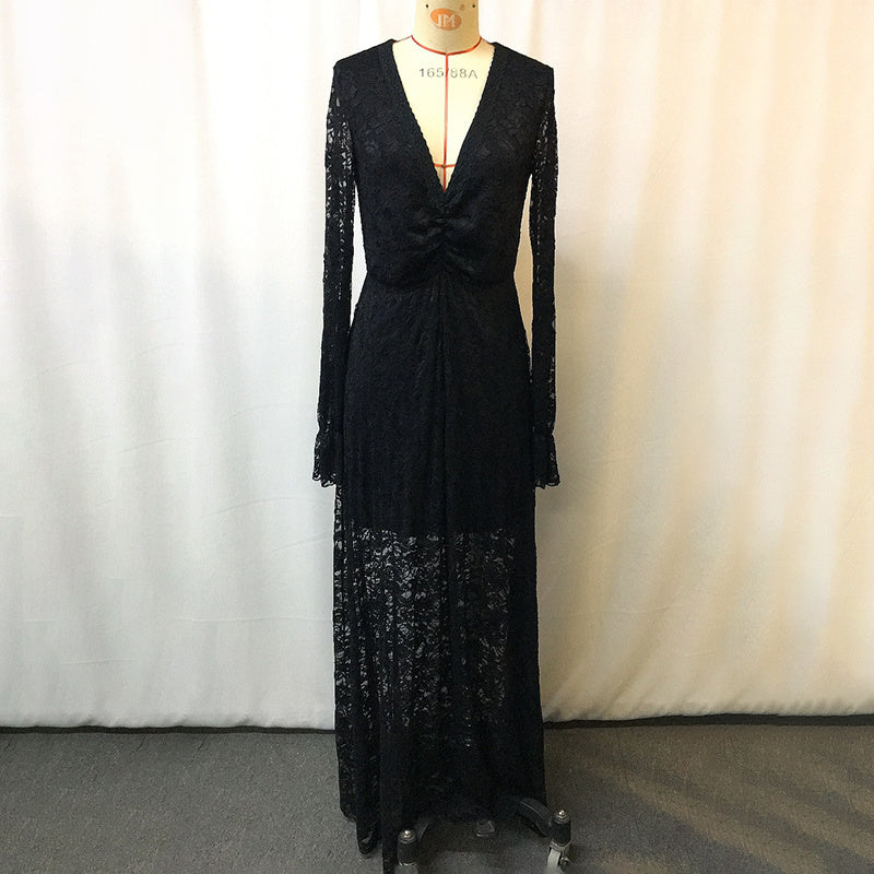 Women's Deep V-Neck Lace Maxi Dress Flare Sleeve Bodycon Gown With Ruffle Detail For Spring And Summer