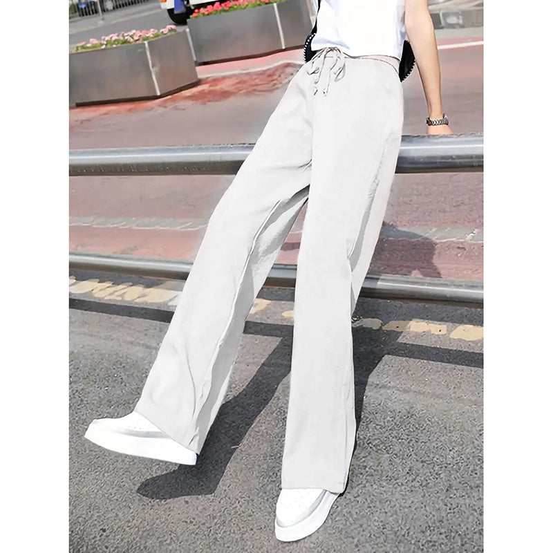 Women's Casual Pants Drawstring Elastic Waist Pants Flowy Wide Leg Trousers With Pockets
