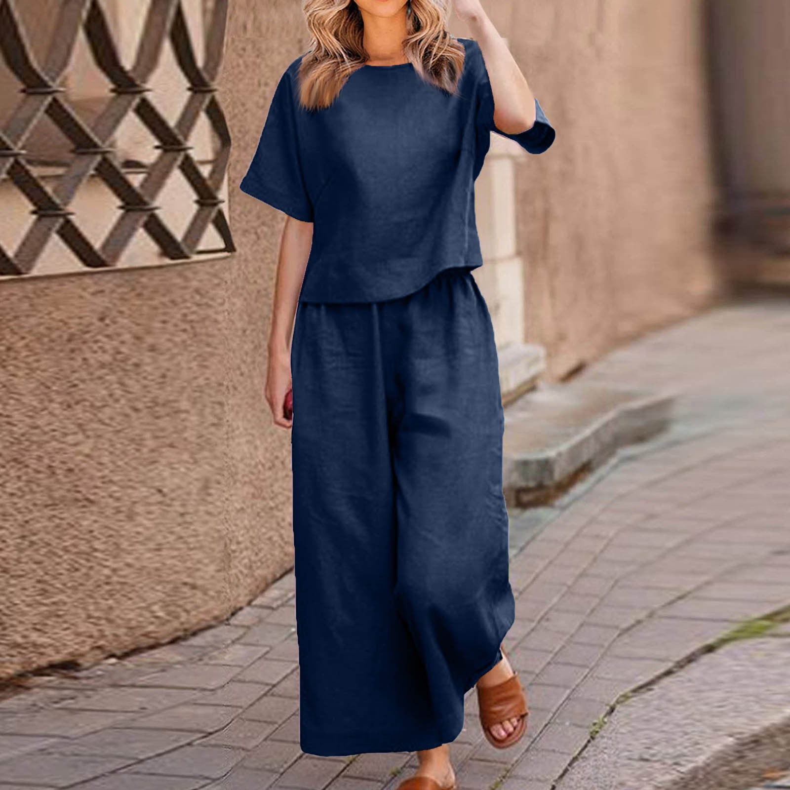 European And American Women's Linen Casual Loose Solid Color Suit Two-piece Women