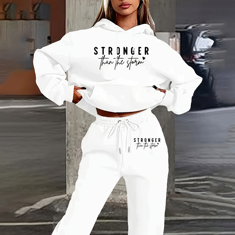 Women's Solid 2-Piece Set Letter Print Hoodie With Pocket & Drawstring Jogger Pants Casual Tracksuit