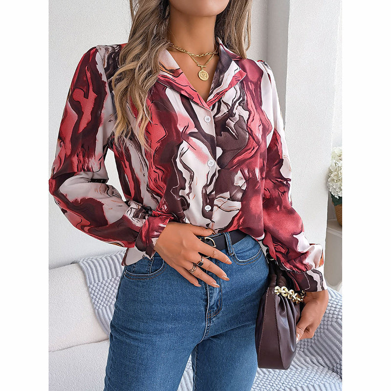 Women Fashion Button Down Shirts V Neck Printed Long Sleeve Blouses Dressy Casual Fall Tops