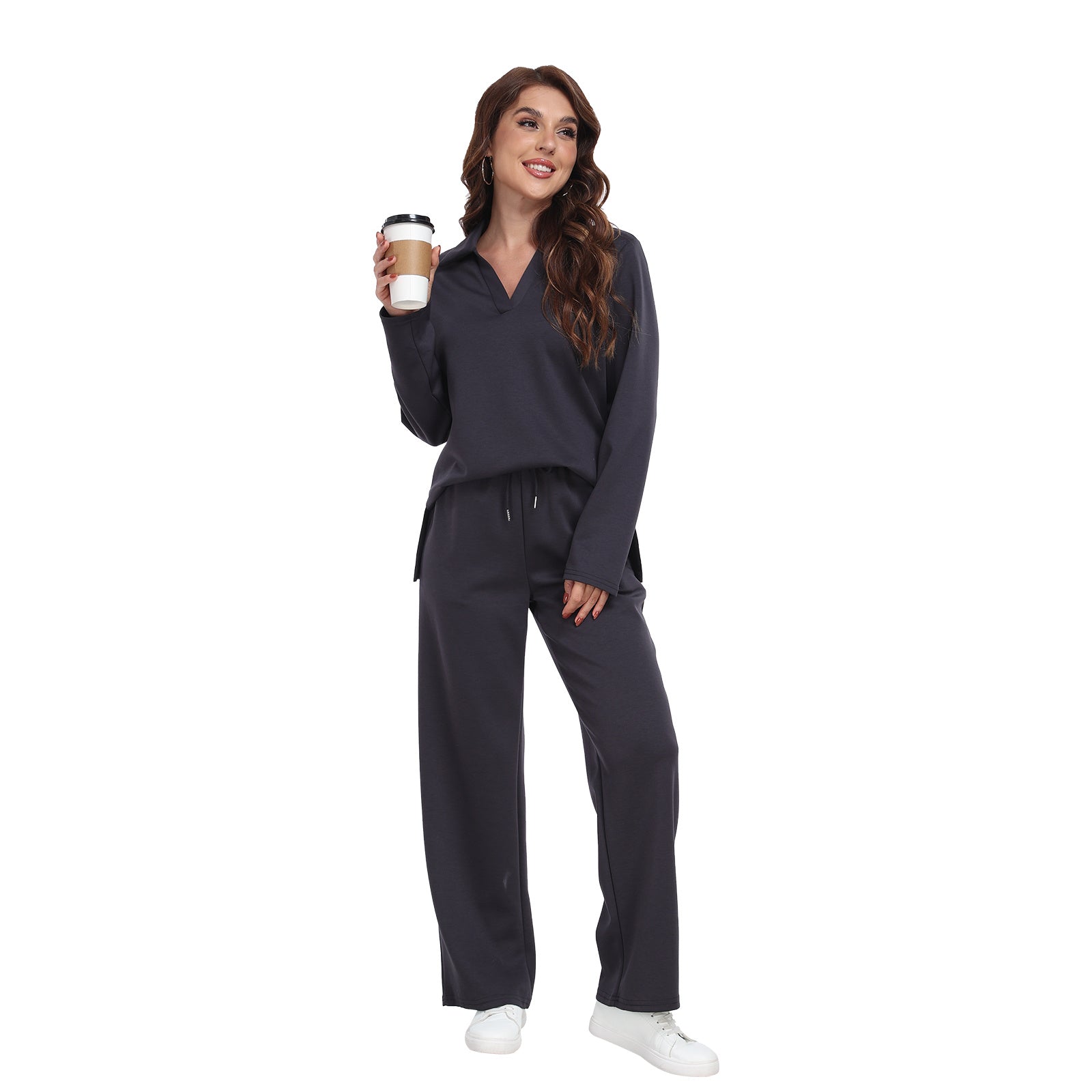 RONGTAI 2 Piece Outfits Sweatsuit For Women Casual Long Sleeve V Neck Pullover Tracksuit Solid Soft Comfy Tracksuits Set