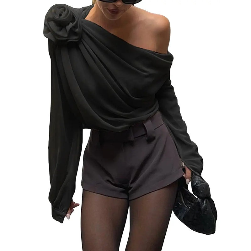 Women's Off Shoulder Tops Elegant Long Sleeve Asymmetrical Neck Ruched Chiffon Blouse Shirts Going Out Top Y2k Shirts