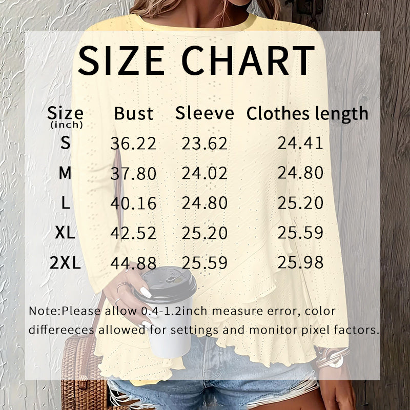 Women Eyelet Long Sleeve Tops Shirts Dressy Casual Crew Neck Ruffle Hem Blouses