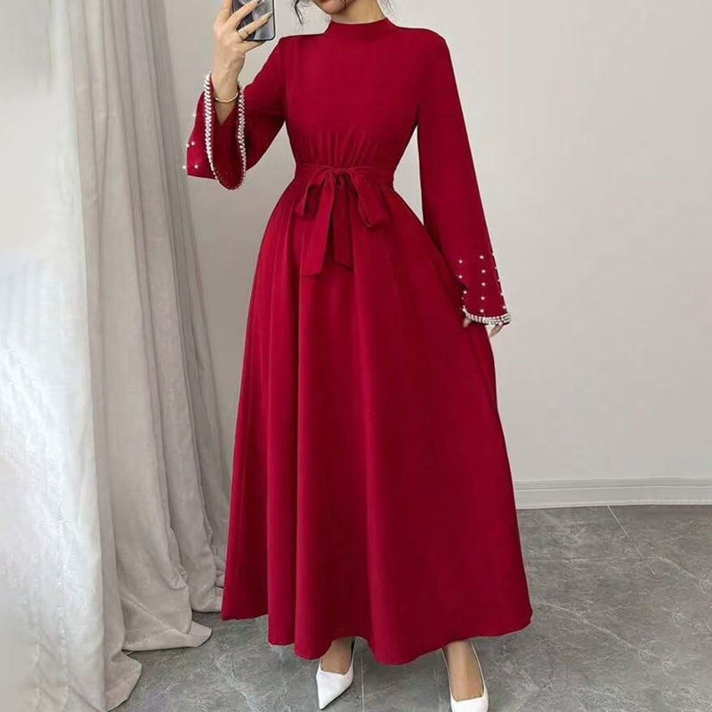 Women's Elegant Long Sleeve Maxi Dress - Sparkling Embellished High Neck Formal Gown With Waist Belt, Flowy Evening Dress For Vacation & Special Occasions