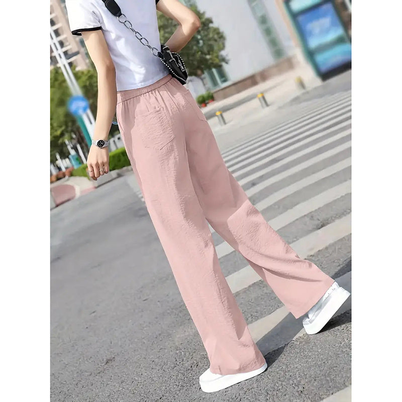Women's Casual Pants Drawstring Elastic Waist Pants Flowy Wide Leg Trousers With Pockets