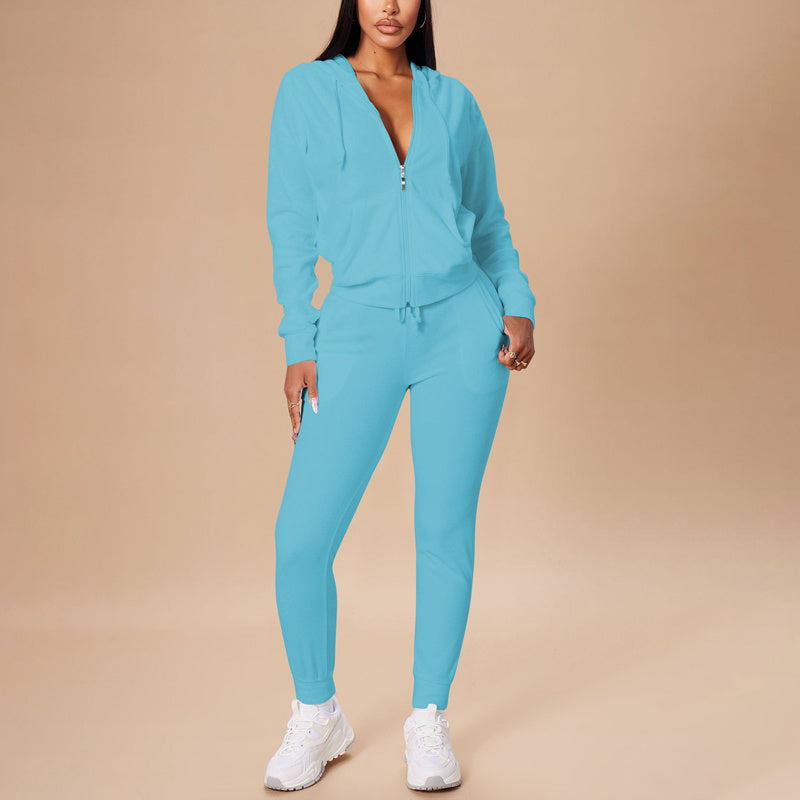 Women's Solid Color 2-Piece Set Zip Pocket Drawstring Hooded Crop Top & Slim Fit Pocket Pants - Ribbed Detail Casual Outfit