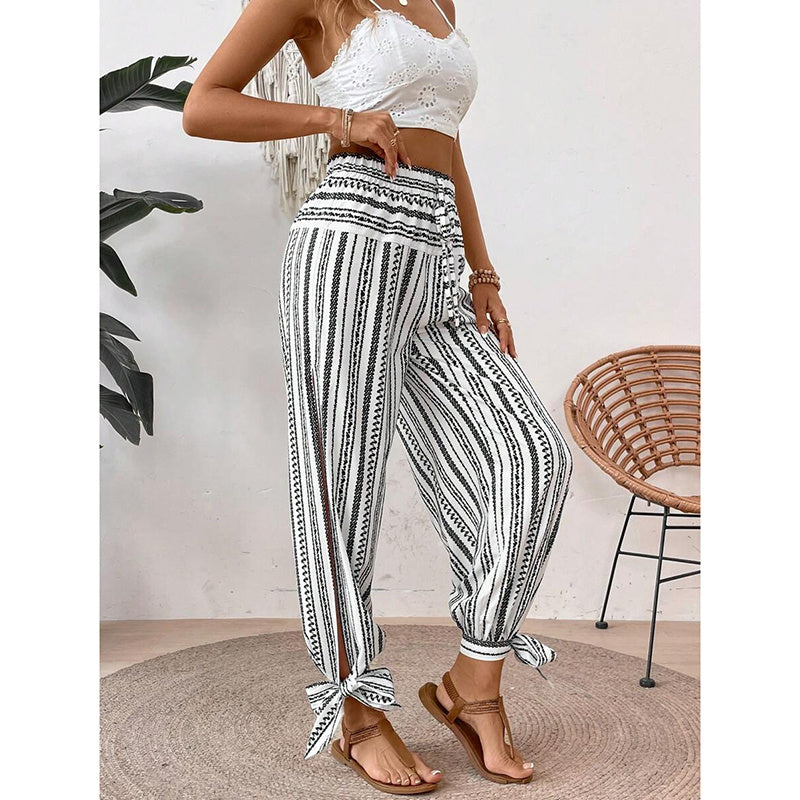 Women's Fashion Striped Long Pants Side-Slit Design Trendy Casual Trousers