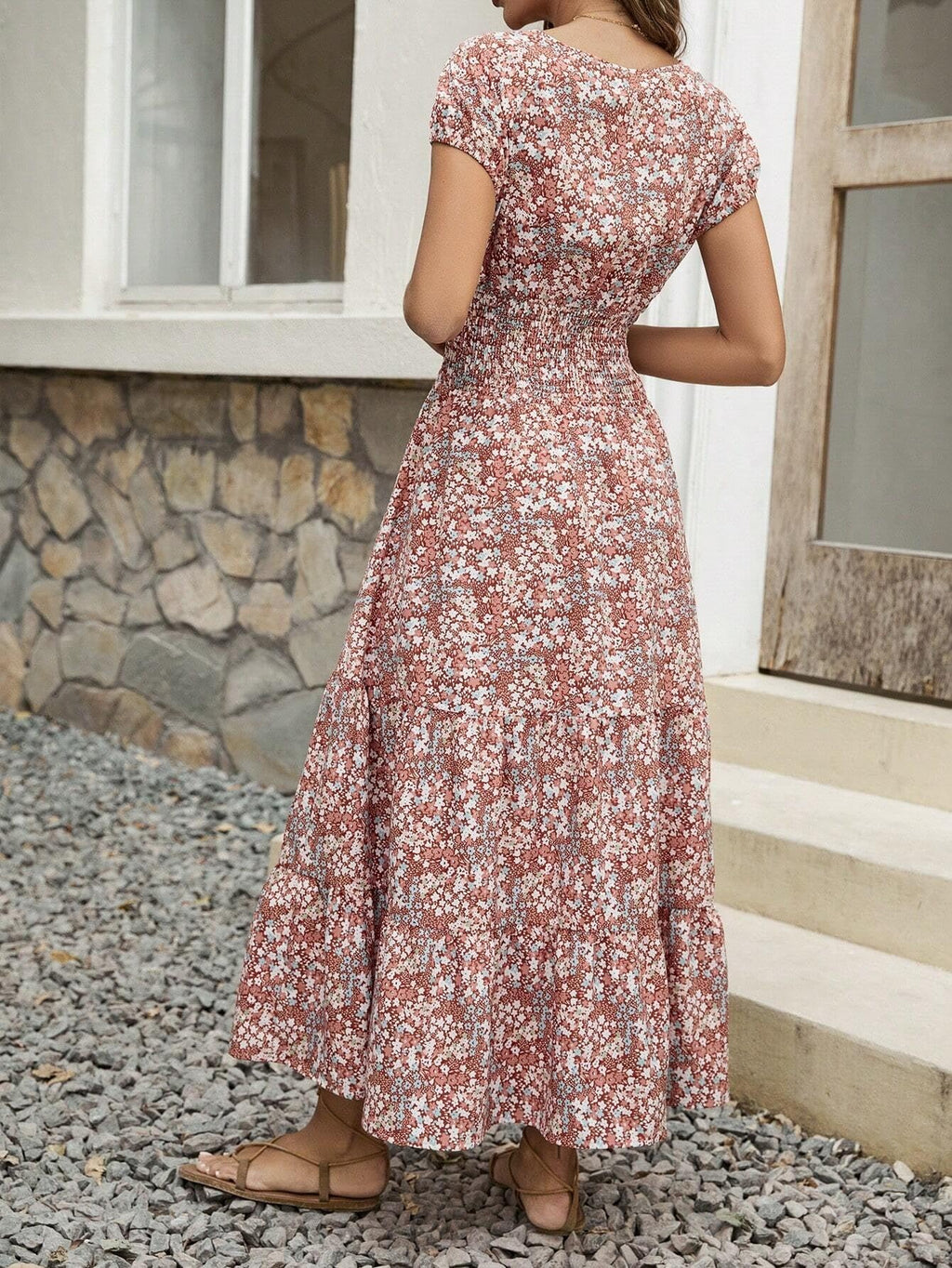 Blossom Chic V-Neck Floral Dress For Women - Soft, Breathable Polyester, Machine Washable, Easy Care, Perfect For Spring, Summer, And Fall Occasions, Everyday Wear, And Outdoor Activities